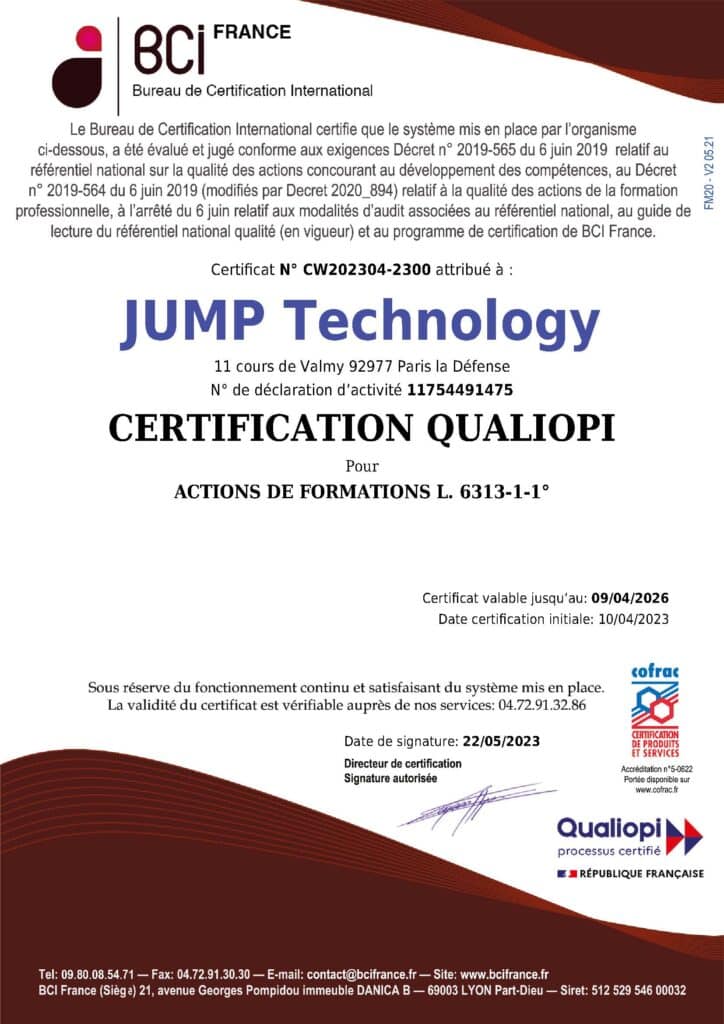 Certificat officiel QUALIOPI - JUMP Technology