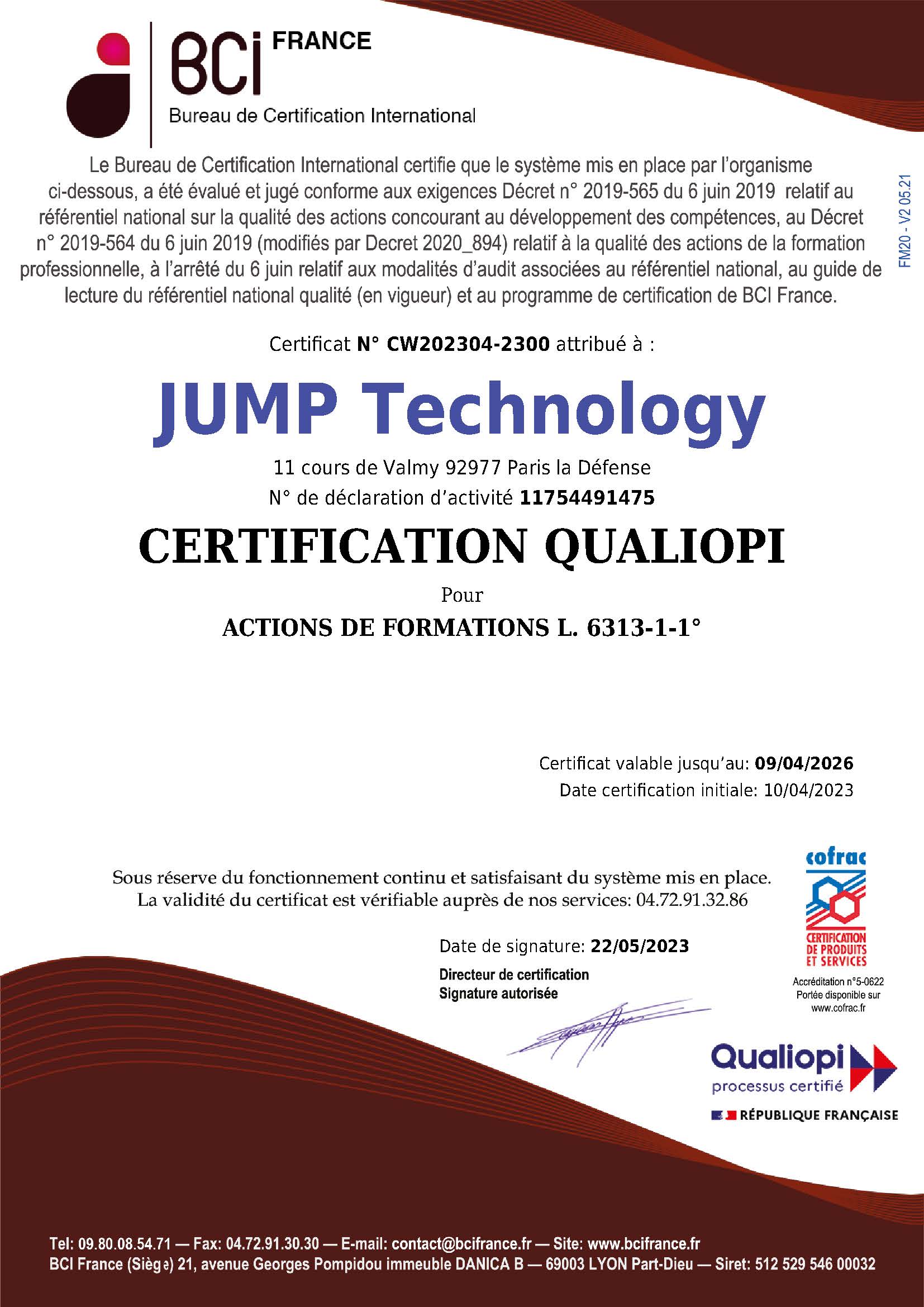 Official Certificate QUALIOPI - JUMP Technology